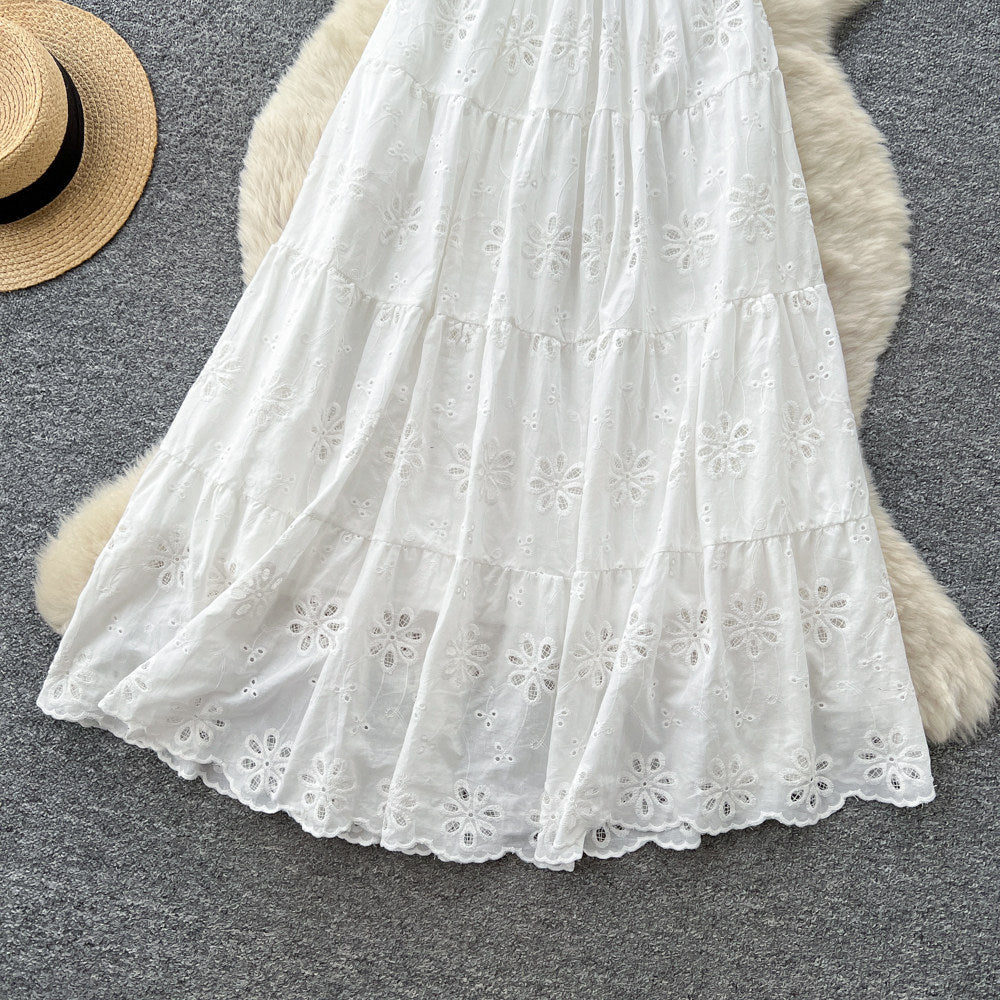 French riviera style v-neck white hollow-out lace trim dress - women's summer high-waisted slimming elegant maxi dress