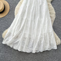French riviera style v-neck white hollow-out lace trim dress - women's summer high-waisted slimming elegant maxi dress