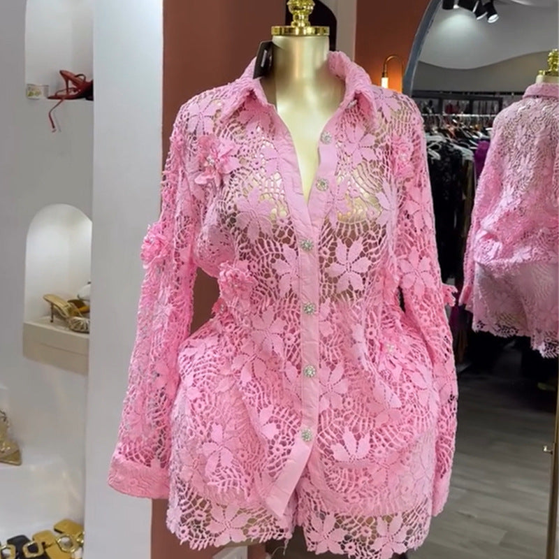 European and american cross-border women's fashion:  autumn new collection - stylish lace collar long sleeve blouse and wide leg shorts casual set
