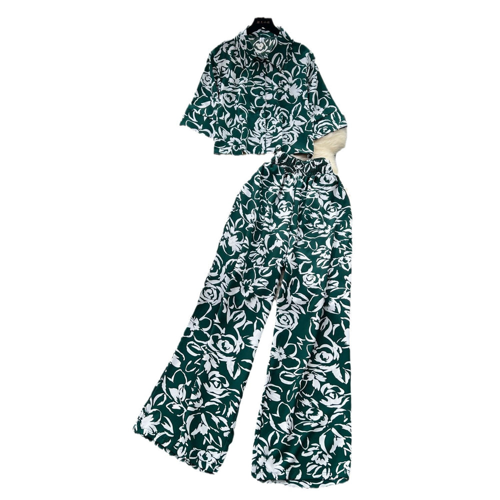 Salt style light mature style suit women's fashioneasiest for matchlooseshortprintingshirt+high waistslimming lookloosecasual pants