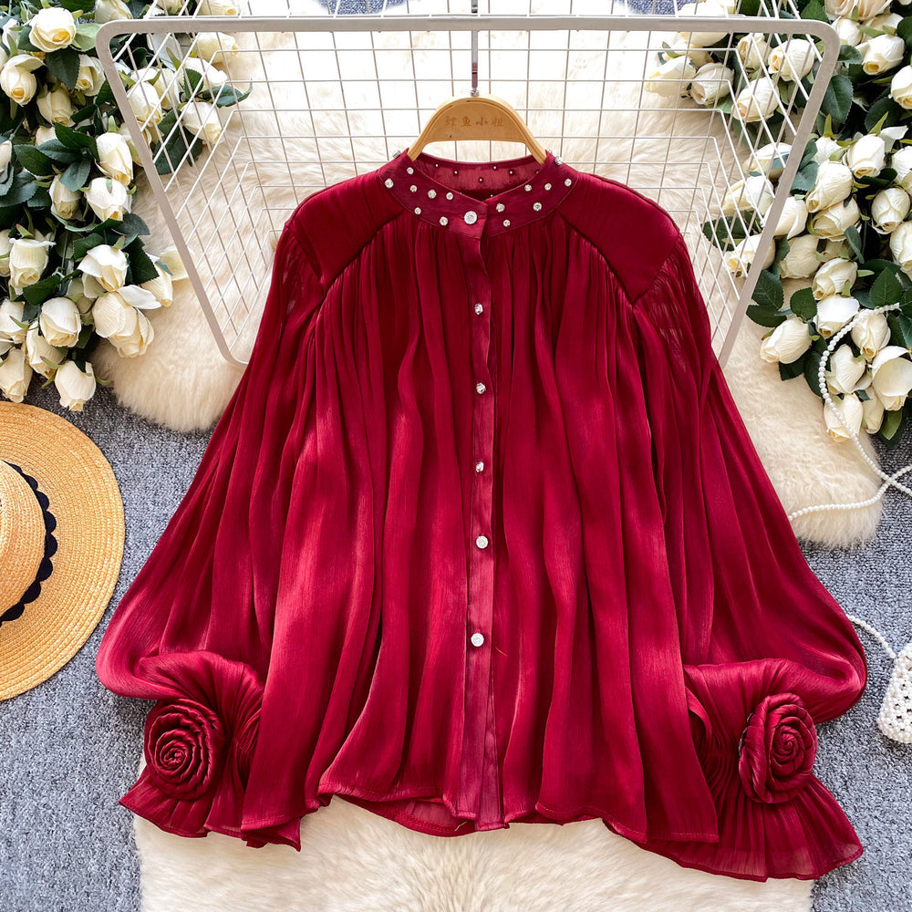 French style gentle flare sleeve diamond embellished pleated blouse - women's korean style breathable loose fit slimming elegant commute top