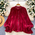 French style gentle flare sleeve diamond embellished pleated blouse - women's korean style breathable loose fit slimming elegant commute top