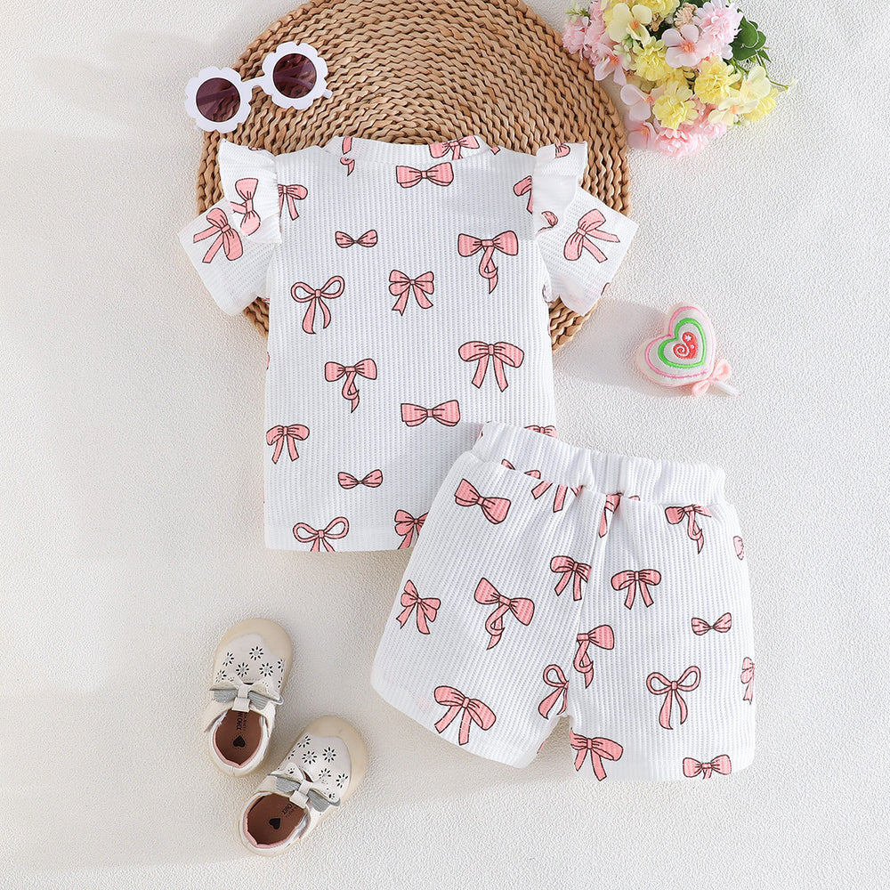 european and american girls' short-sleeve top and shorts set - bow print summer fashion two-piece outfit