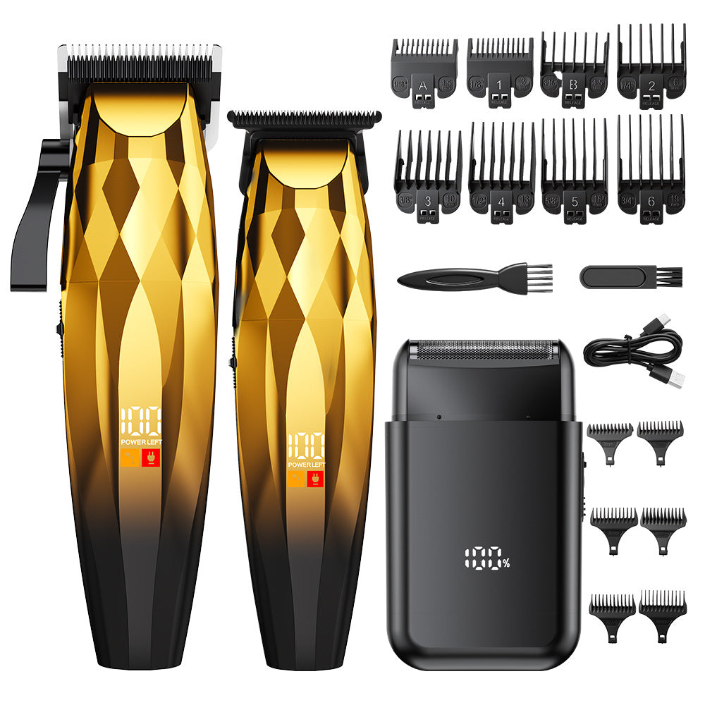 professional hairdressing set, hairdressing electric clipper, oil head carving scissors, shaving bald head machine, three-piece set