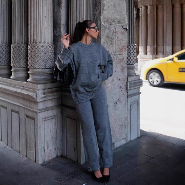 Independent Station Cross-border Autumn and Winter Pullover Knitted Loose Lazy Wind Sweater Design Sense Sweater Pants Set Women