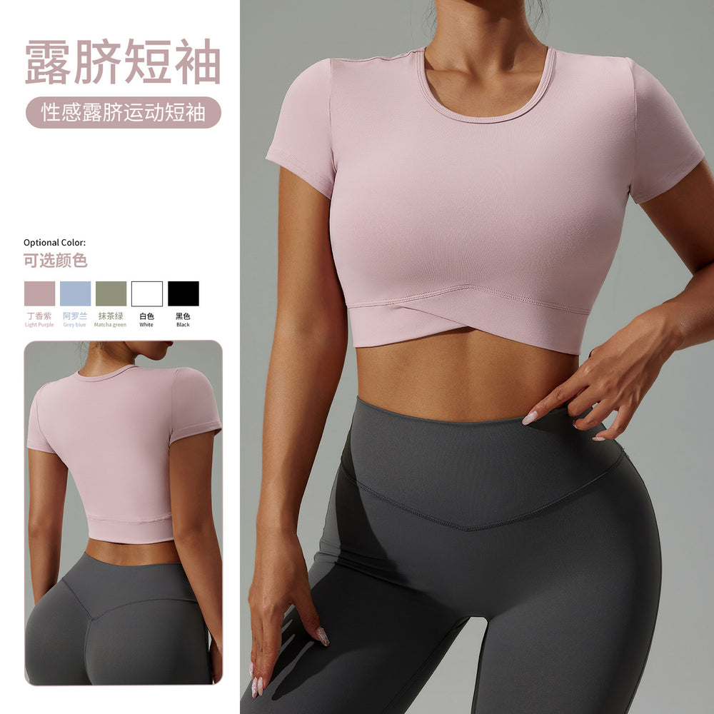 new arrival yoga wear t-shirt women's summersexy navel-baring round neck fitness wear short-sleeved high-elastic breathable sportswear