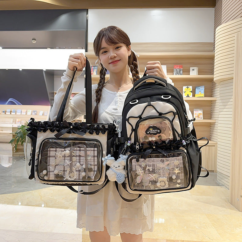 New schoolbag handbag for female junior high school students, cute and sweet large-capacity backpack, student make-up bag