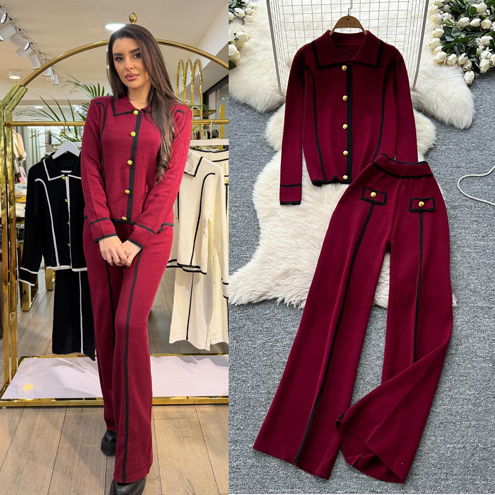 High-end fashionablecontrast color metal buckle polo collar long sleevesknittingtops women's high waist wide leg straight-leg pants two-piece set