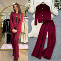 High-end fashionablecontrast color metal buckle polo collar long sleevesknittingtops women's high waist wide leg straight-leg pants two-piece set