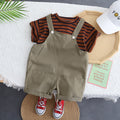 new boys' two-piece set: toddler forest-style striped korean overalls short-sleeve casual outfit - versatile and stylish