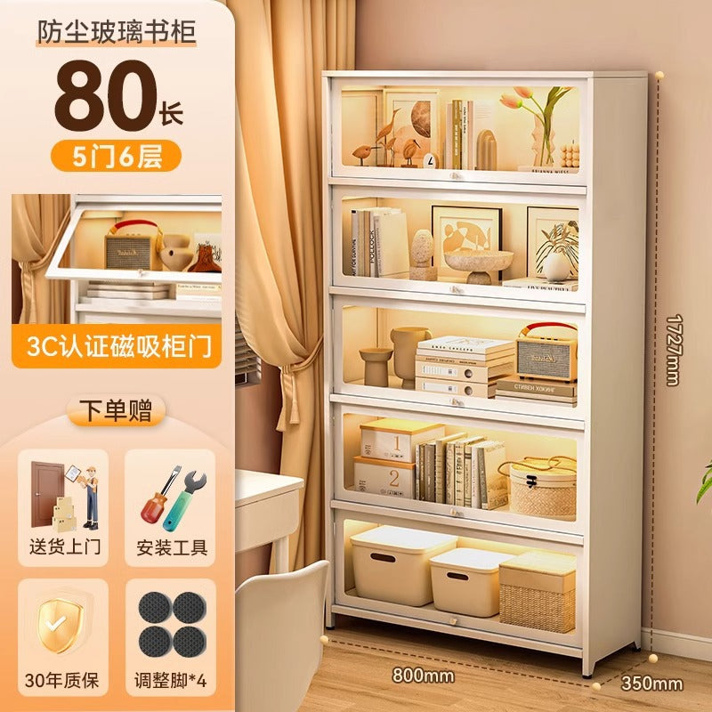 Steel bookcase with glass doors, kids' bookshelf, home living room storage cabinet, dustproof display cabinet, iron art shelf