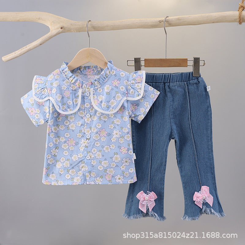 Summer floral dress set for 0-4 year old baby girls - single-breasted skirt, short-sleeve children's summer outfit