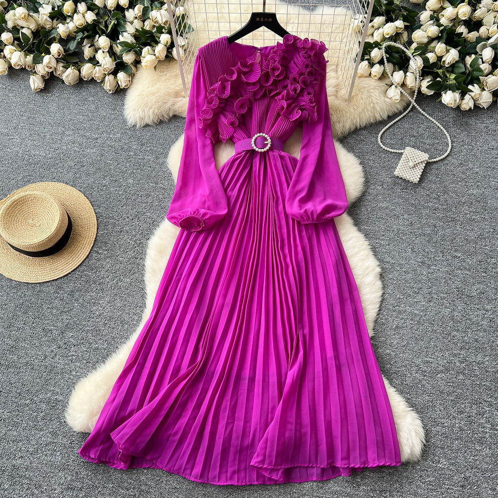 new arrival: exquisite, niche-style pleated dress with 3d lace, lantern sleeves, and tie-waist detail for a slimming and elegant silhouette