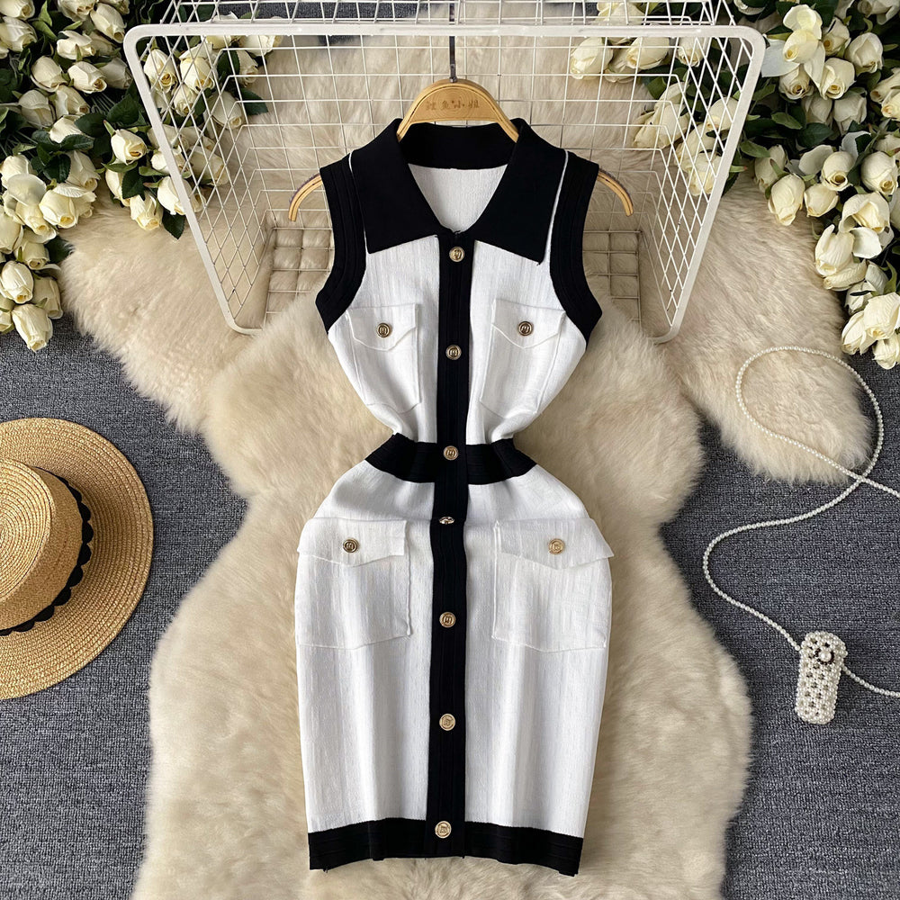 Luxury sleeveless color block knit dress - women's polo collar, single-breasted design, unique and chic