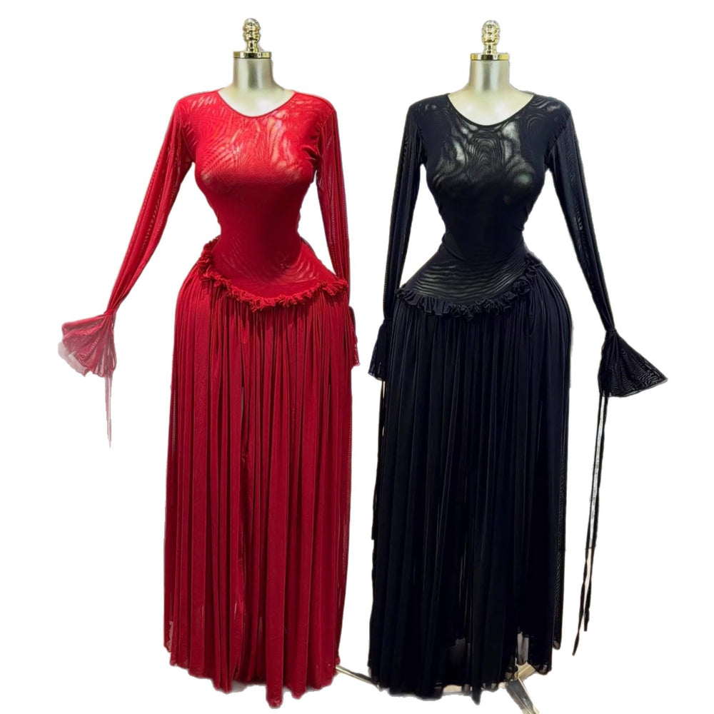 European and american cross-border women's fashion:  summer new arrival - elegant round neck flared sleeve ruffle trim pleated dress