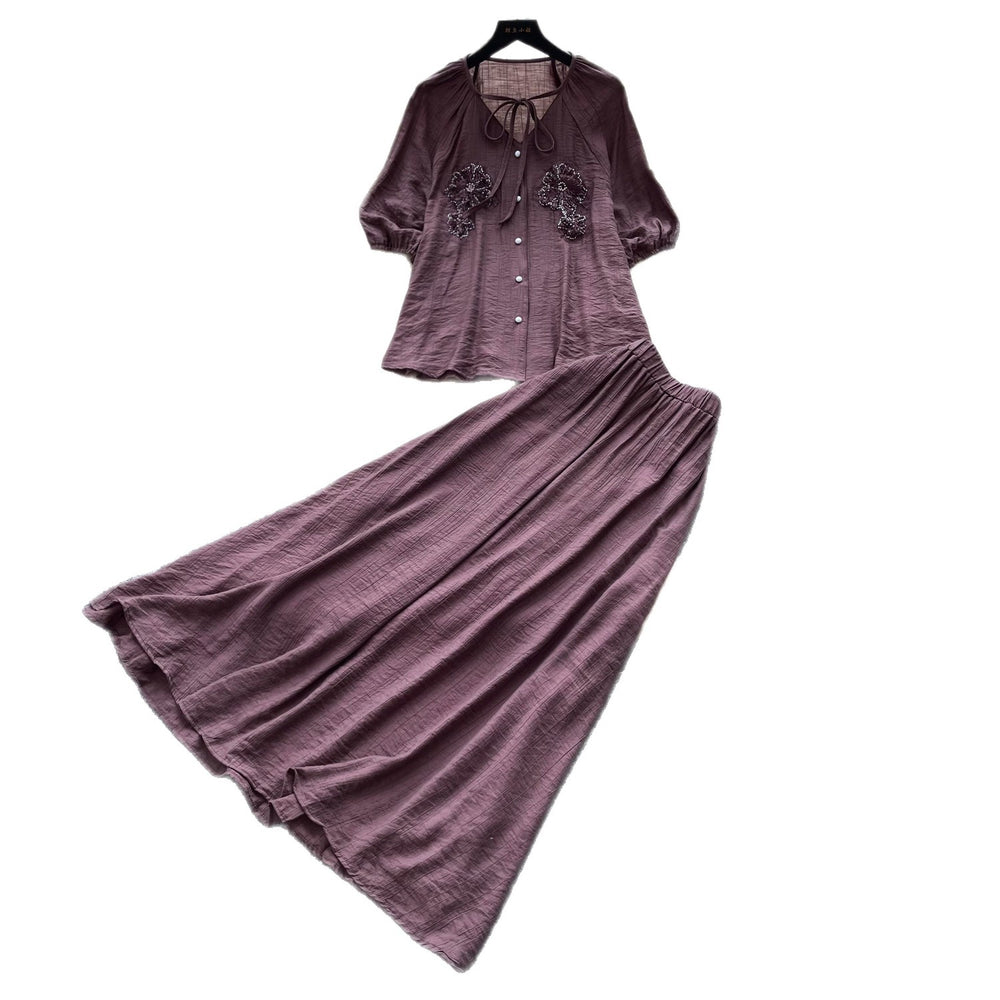 French chic embroidered blouse and high-waisted midi skirt two-piece set - women's summer commute style, slimming and elegant outfit