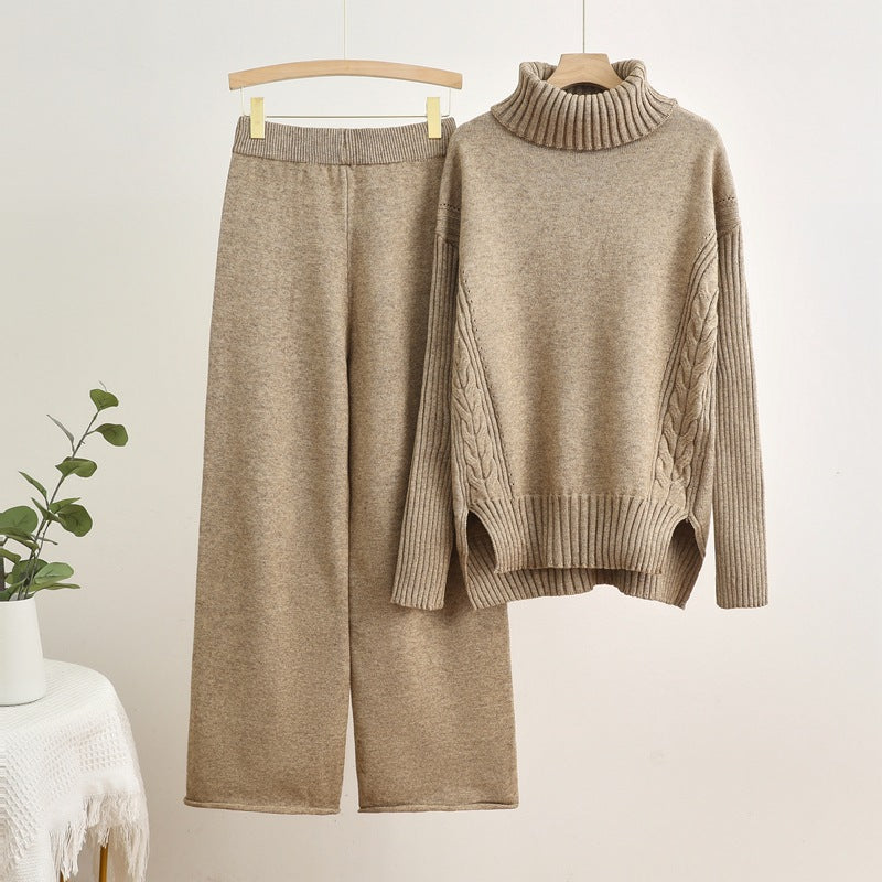Autumn winternew arrivalknittingsuitelegantcasual slit sense of design high collar sweaterpure colorloose pantstwo-piece set