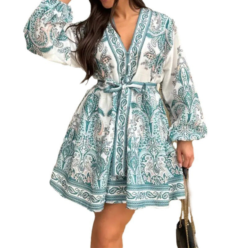 summer new arrivals: women's clothing - cross-border european & american hot seller - vintage print lantern sleeve v-neck tie-up dress