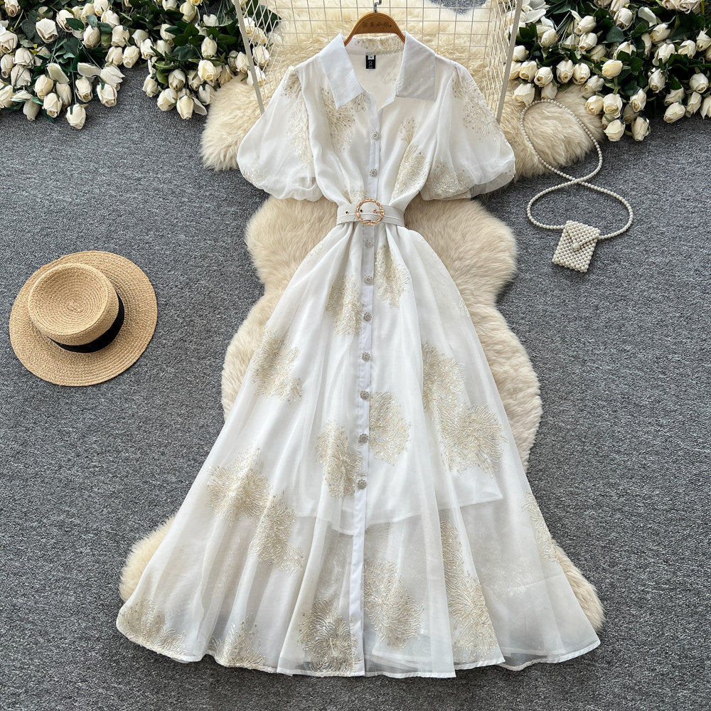 Korean style pink lantern sleeve mesh dress - women's summer sequin waist a-line elegant commute maxi dress