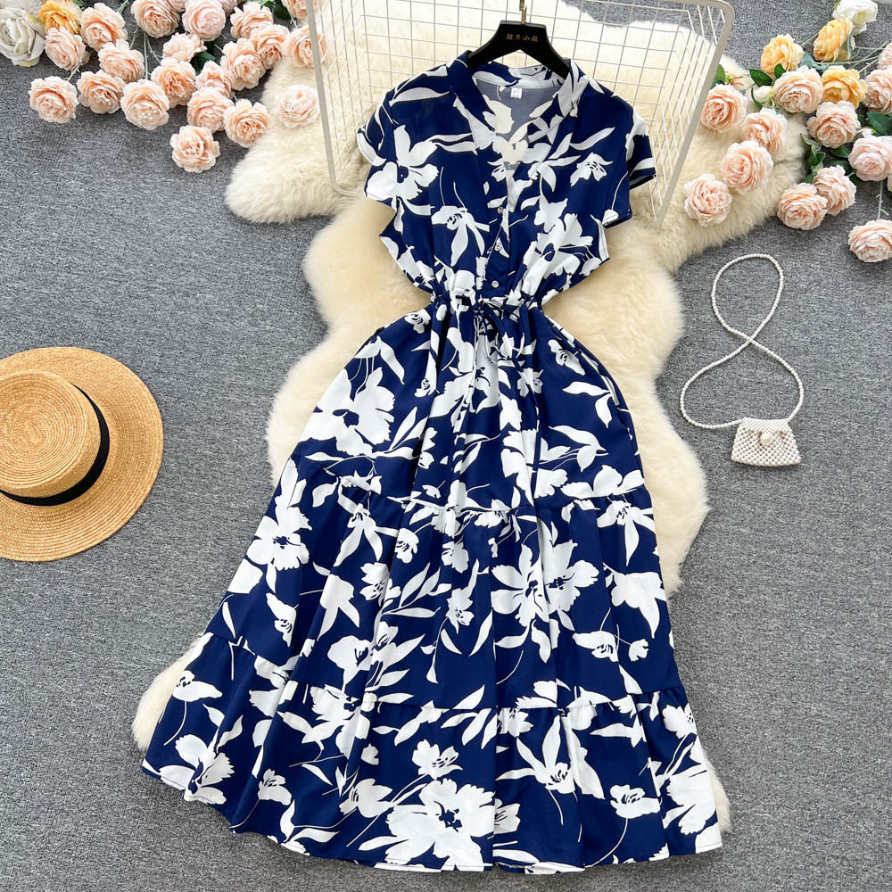 French sweet and gentle style v-neck floral chiffon dress - women's summer cinched waist, slimming, vacation-ready, fairy dress