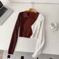 Niche stylesense of designretrofashion color matching polo collar long sleevesknitting shirt women's autumslimslimming lookshorttops