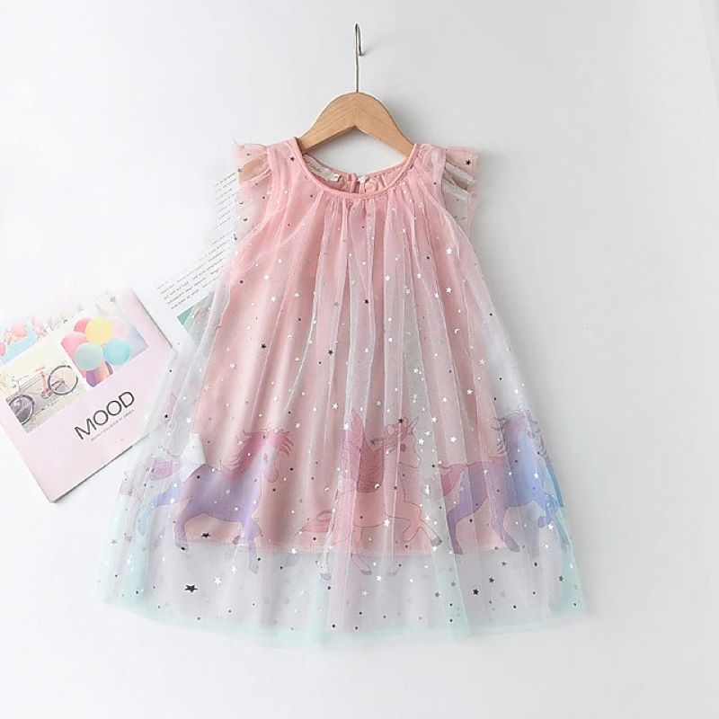 Summernew arrivalgirl star mesh gradient skirt cartoon flying pony printing princess skirt unicorn gauze skirt