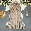Elegant knitted dress: new autumn/winter  collection - high-end long sleeve, cinched waist maxi dress with v-neck and ruffle hem