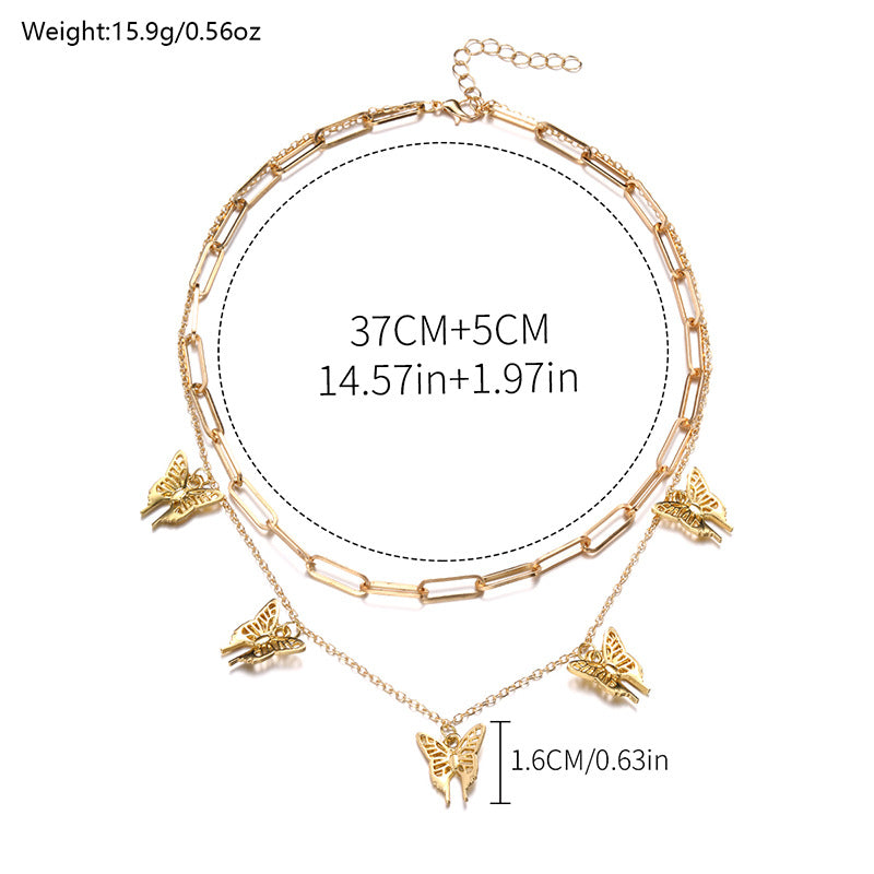 Wholesale alloy butterfly chunky chain pendant necklace - fashionable, unique, and stackable double-layer necklace for cross-border e-commerce on amazon (us & europe)