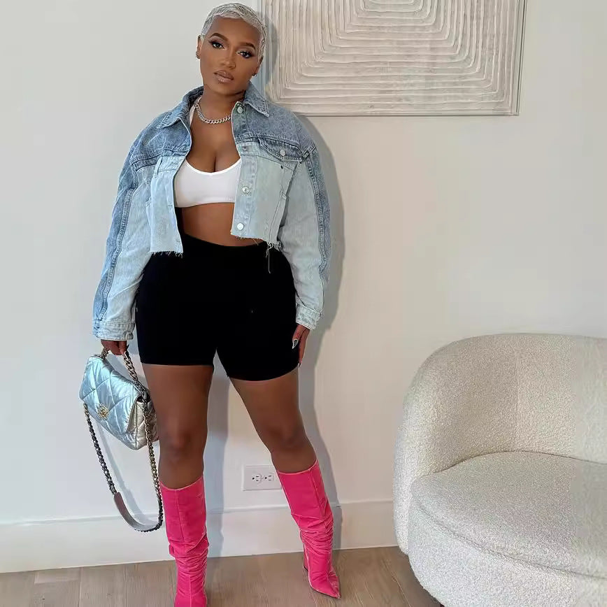 European and american style women's denim jacket -  cross-border fashion casual color block single-breasted long sleeve denim jacket