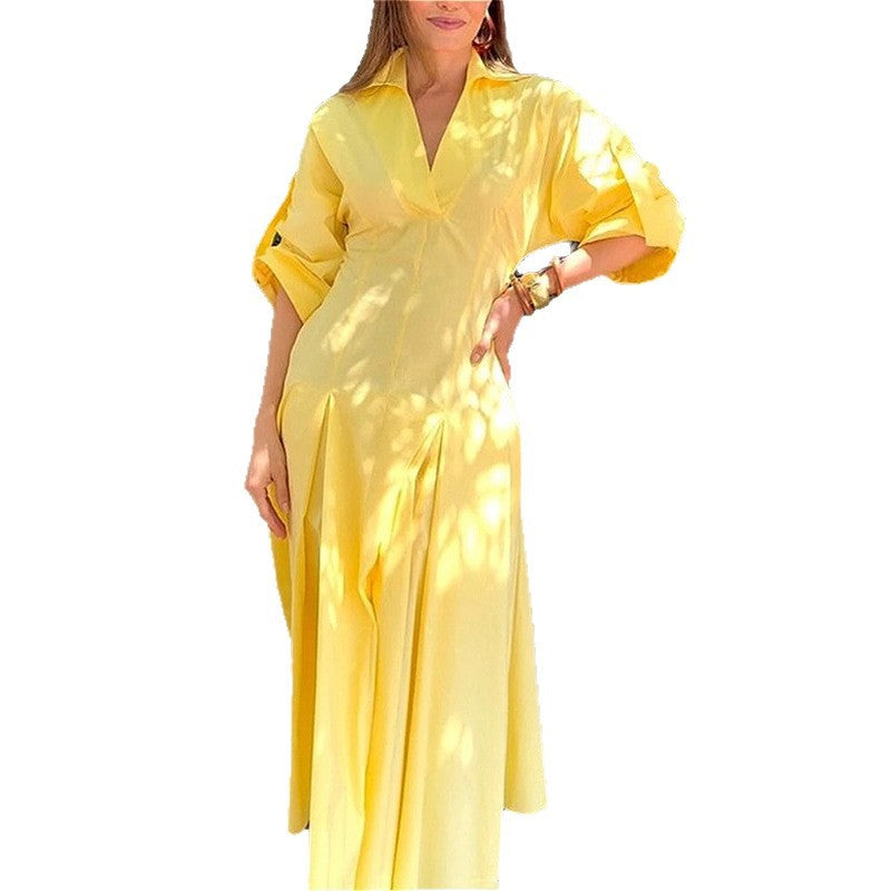 summer new women's clothing: cross-border european and american style dress - fashionable and elegant solid color v-neck pleated maxi dress
