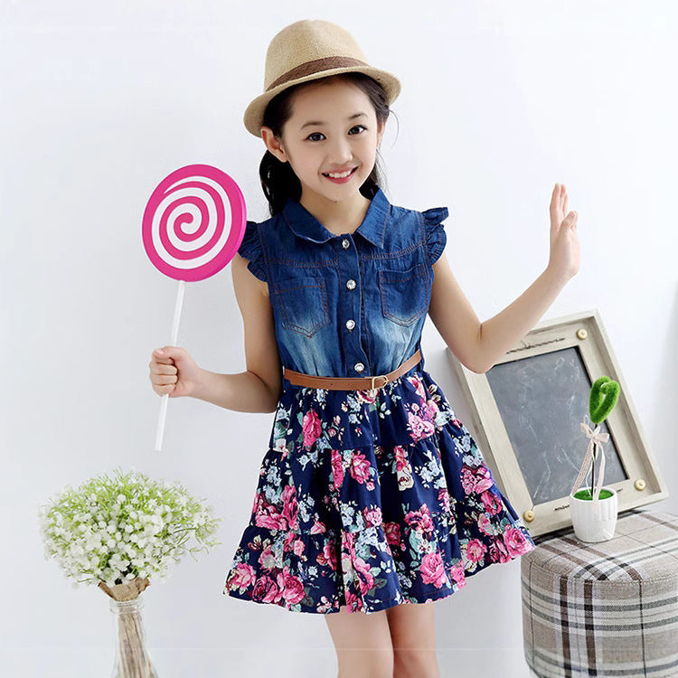 summer new girls' plus-size denim dress with large floral print and sand wash finish - direct from the manufacturer, dropshipping available