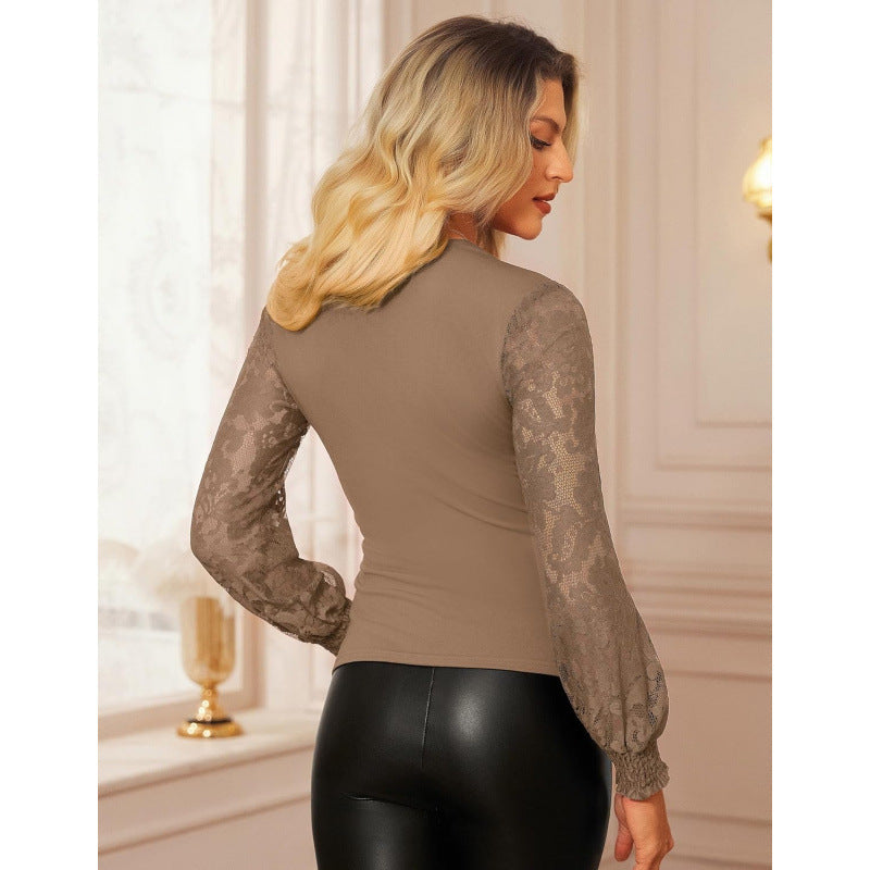 Amazon casualelegancelace pleated shirt women's  spring new arrivalelegantfashionlong sleevestops