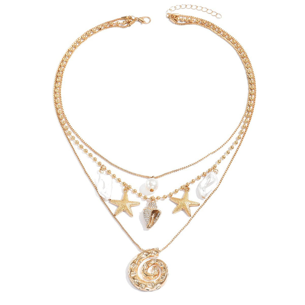 Wholesale seashell necklaces - european & american style beach jewelry featuring starfish, irregular spiral pendants, and layered designs for a vacation vibe
