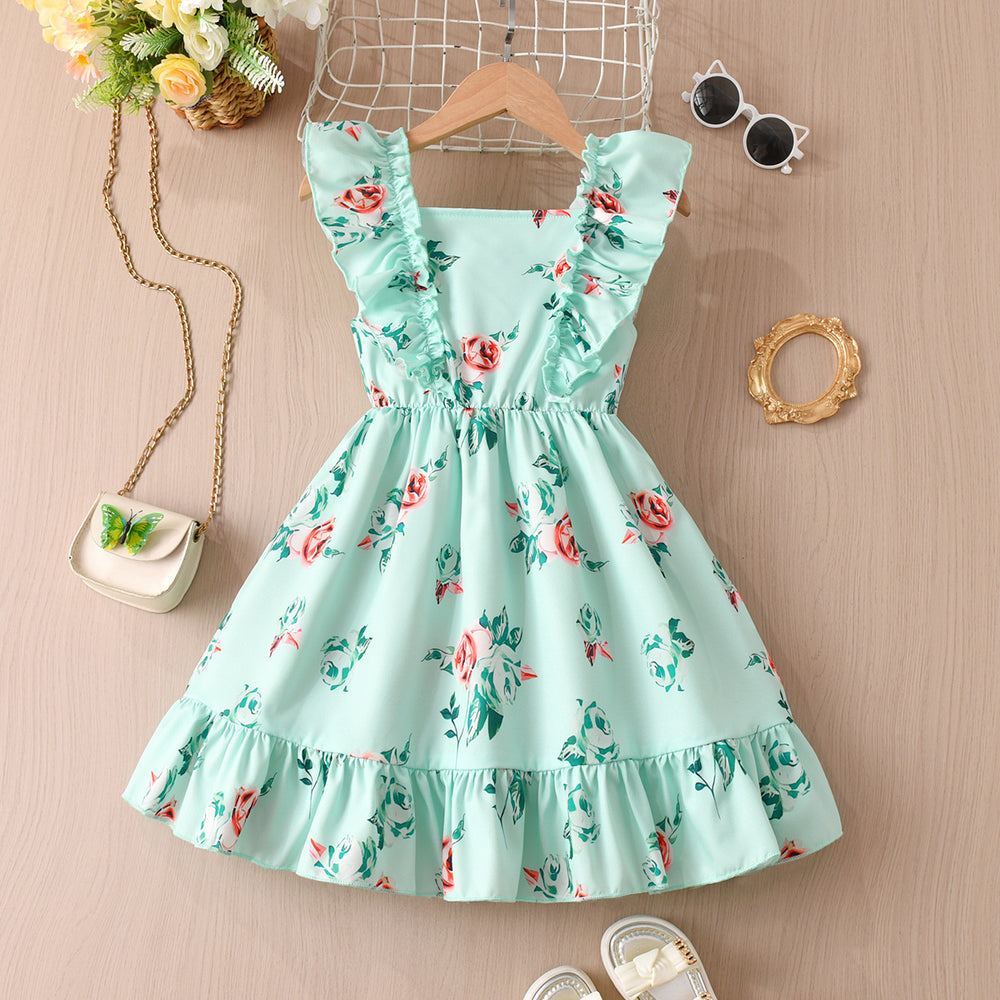 Exportgirldress with fungus edge flying sleeves one-line collar mint green printingsweet fresh kidssummer skirt