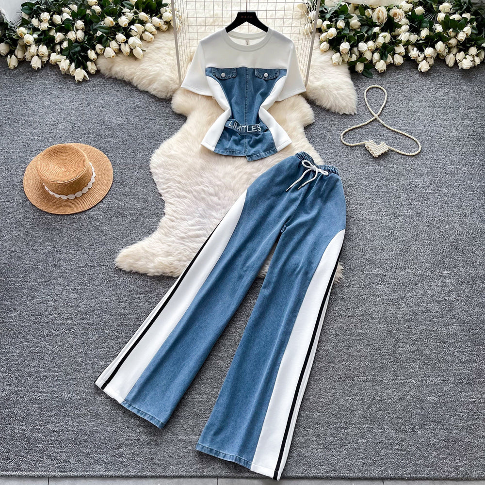 Hong kong style retropatchwork short-sleeved denim suit women's summer daily casualstraight-leg pants two-piece setslimming look outfit