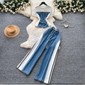 Hong kong style retropatchwork short-sleeved denim suit women's summer daily casualstraight-leg pants two-piece setslimming look outfit