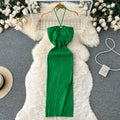 Spring and summer elegant socialite haltercut outtube top hip-covering long skirt women's tight sexybackless slit knitting long skirt