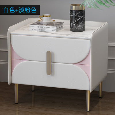Nordic light luxury sintered stone nightstand, minimalist modern leather bedroom bedside table, solid wood upholstered, ultra-minimalist light luxury style