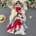 European and american cross-border fashion women's clothing  autumn new french-style design printed top and pleated skirt set with cinched waist