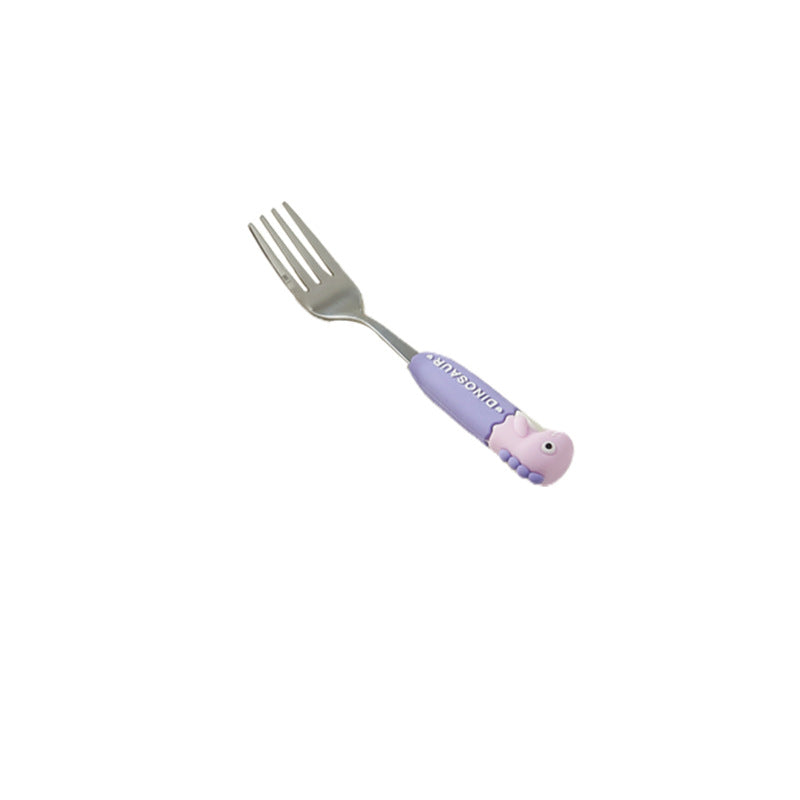 Cartoon dinosaur stainless steel cutlery set - anti-scald handles, forks & spoons, multiple colors available, wholesale children's western dinnerware