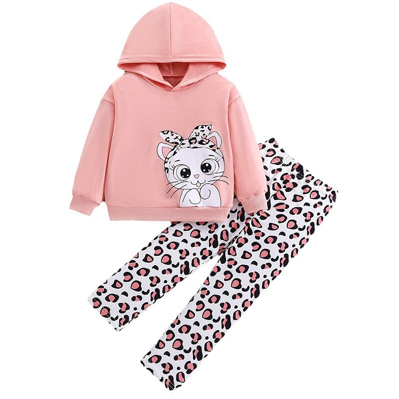 girls' hooded sweatshirt set - pink korean style cat print patterned pants long sleeve kids two-piece outfit
