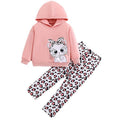 girls' hooded sweatshirt set - pink korean style cat print patterned pants long sleeve kids two-piece outfit