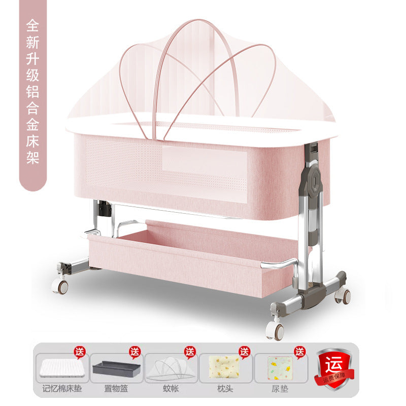 Aluminum alloy baby crib convertible to big bed, multifunctional portable folding children's bed, newborn baby bed with changing table