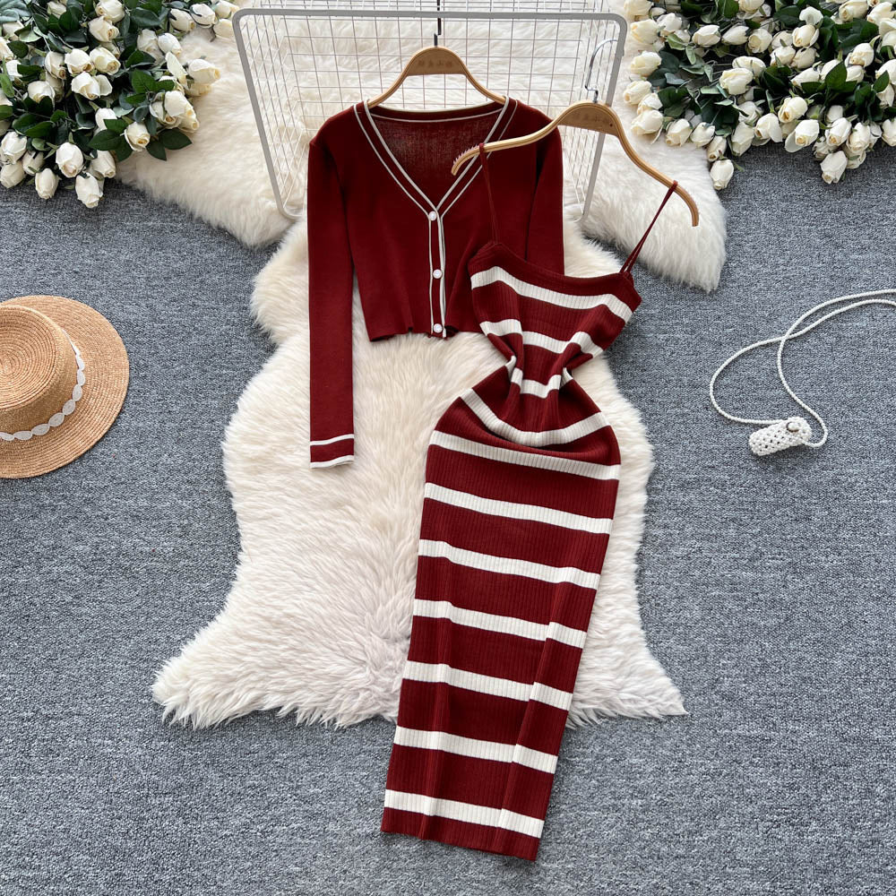 Feminine style outfit: 2025 new arrival - slim-fit striped knit camisole dress with long-sleeved cardigan jacket