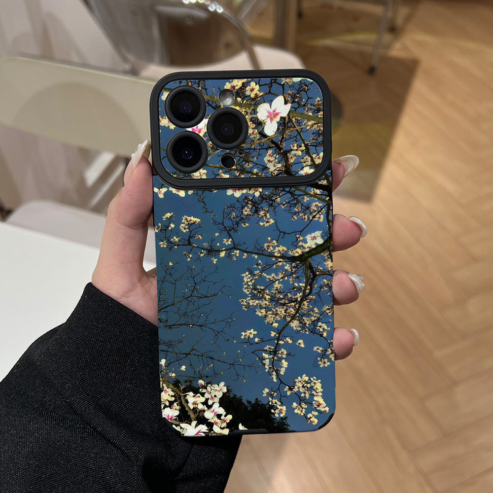 Ins style dark night blue and white orchid mobile phone case suitable for iphone17promax apple 16/15 forest style soft case