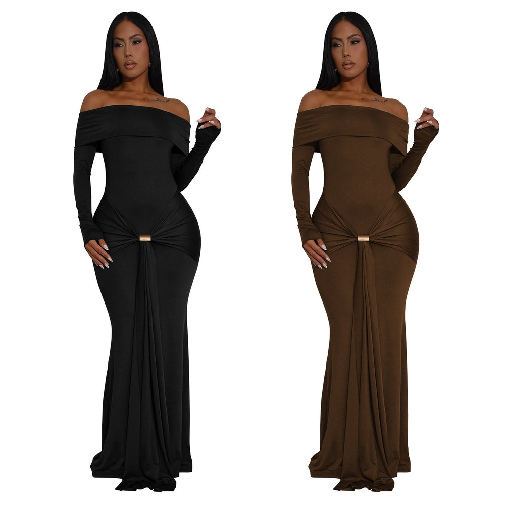 C7559 cross-border   fashion women's off-the-shoulder long sleeve metal buckle mermaid dress