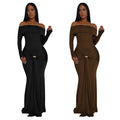 C7559 cross-border   fashion women's off-the-shoulder long sleeve metal buckle mermaid dress