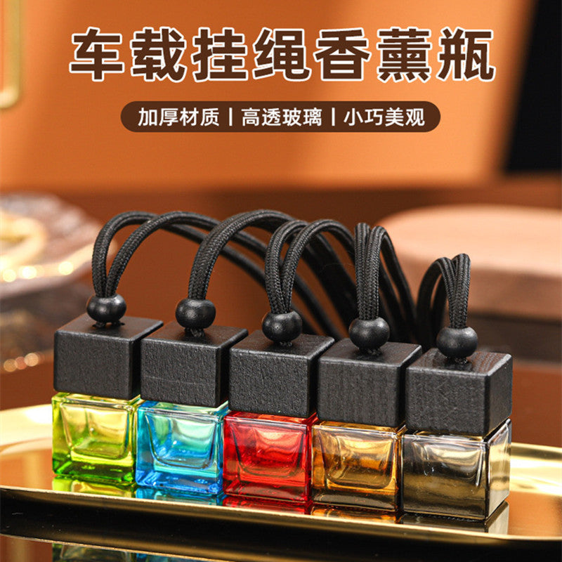 Car perfume bottle empty bottle hanging square cover colorful aromatherapy bottle essential oil refill bottle thickened lanyard glass bottle