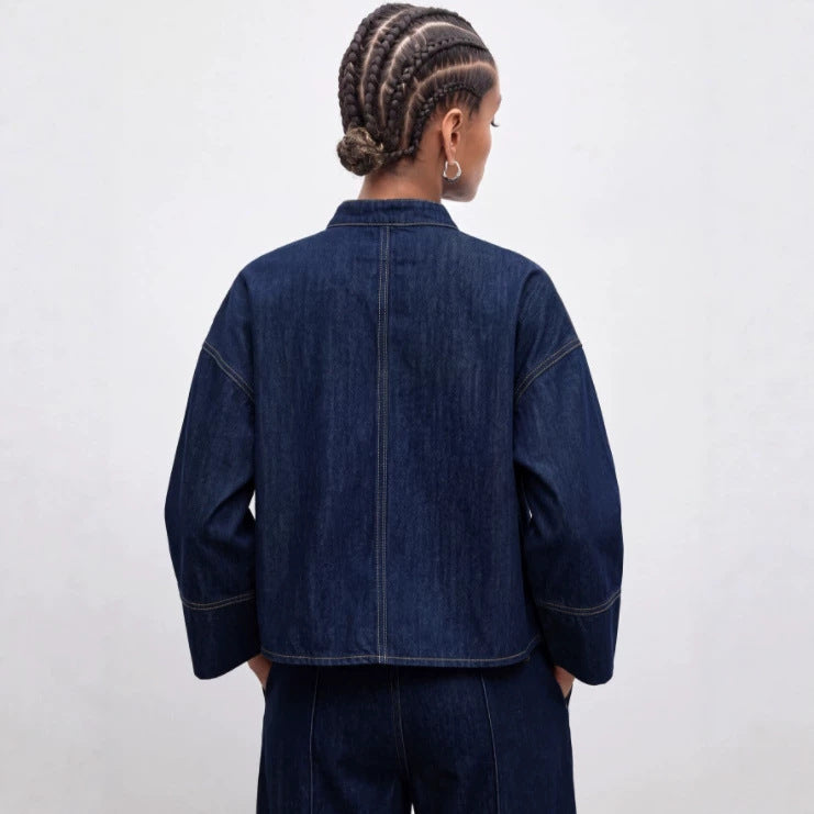Women's chinese stand collar buttoned denim top - deep navy, relaxed fit, cropped shirt with three-quarter wide sleeves