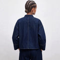 Women's chinese stand collar buttoned denim top - deep navy, relaxed fit, cropped shirt with three-quarter wide sleeves